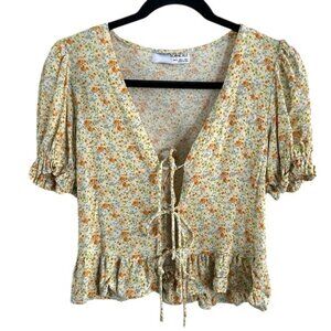 Sophie Rue Yellow Floral 3 Bow Tie Front Top Cover Layer Cottagecore Sz Small